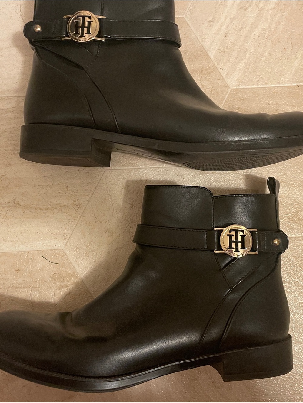 Tommy Hilfiger Black Leather Ankle Boot with Gold Logo Medallion